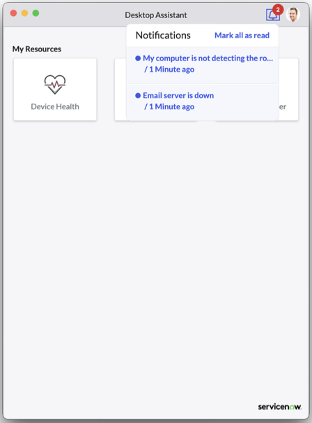 Desktop Assistant liste de notifications