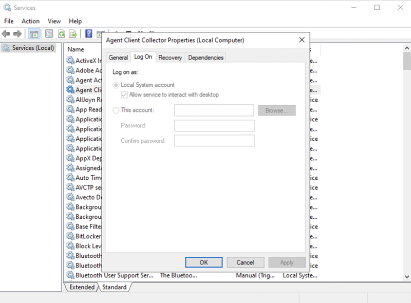 Fenêtre Propriétés d'Agent Client Collector dans laquelle vous pouvez sélectionner le compte système local pour vous connecter.