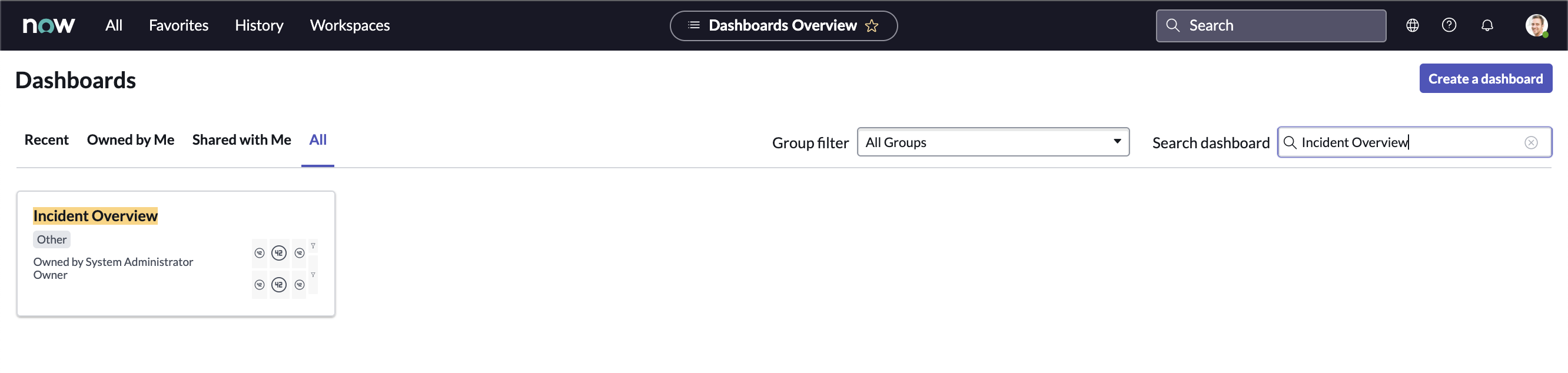 Recherche du tableau de bord Vue d'ensemble des incidents sur les tableaux de bord