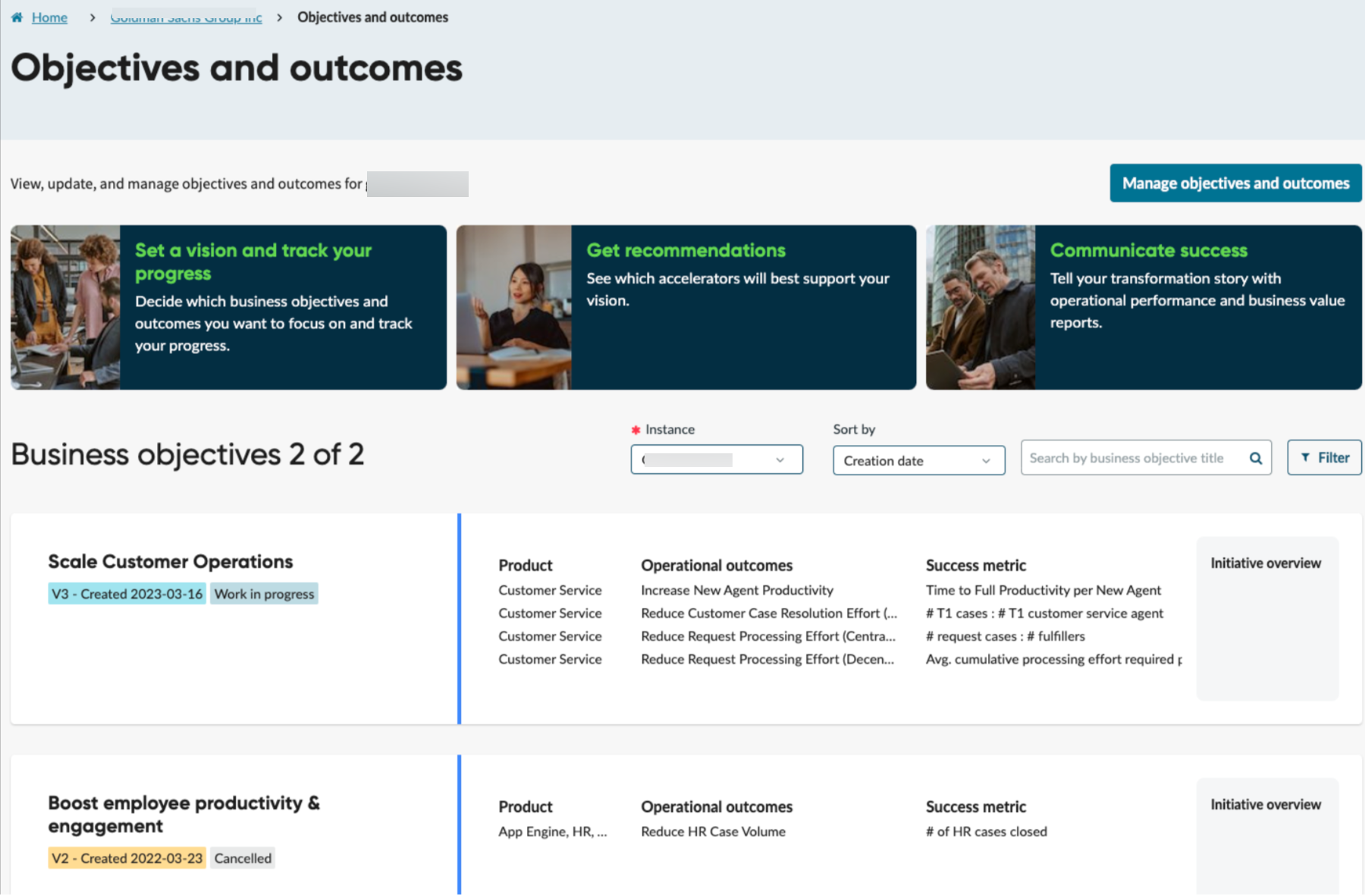 Shows the Objectives and outcomes page with objectives tiled displayed.