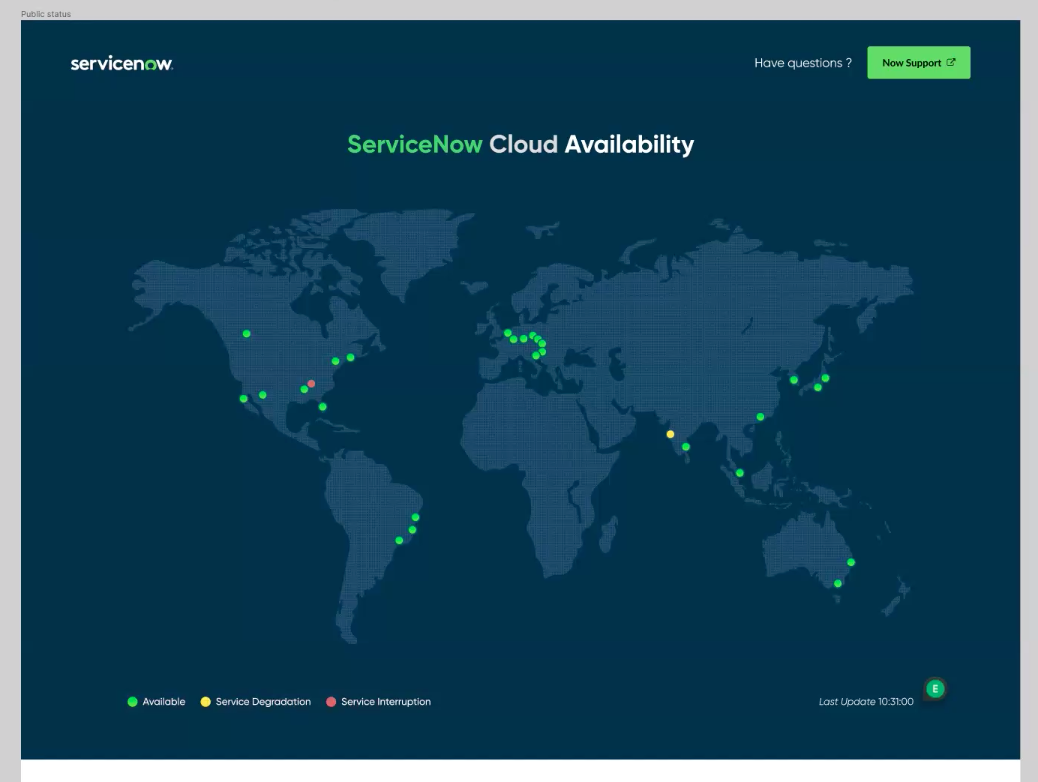 Display of the world map with colored status indicators representing the availability of each data center.