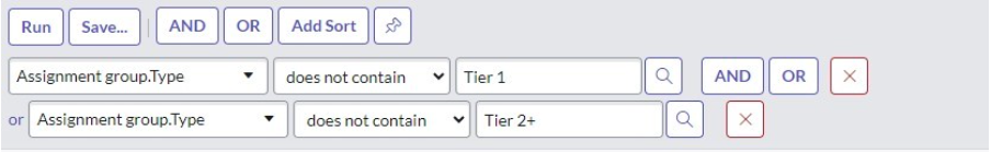 Query of Assignment.group.Type > does not contain > Tier 1 AND Assignment.group.Type > does not contain > Tier 2+.