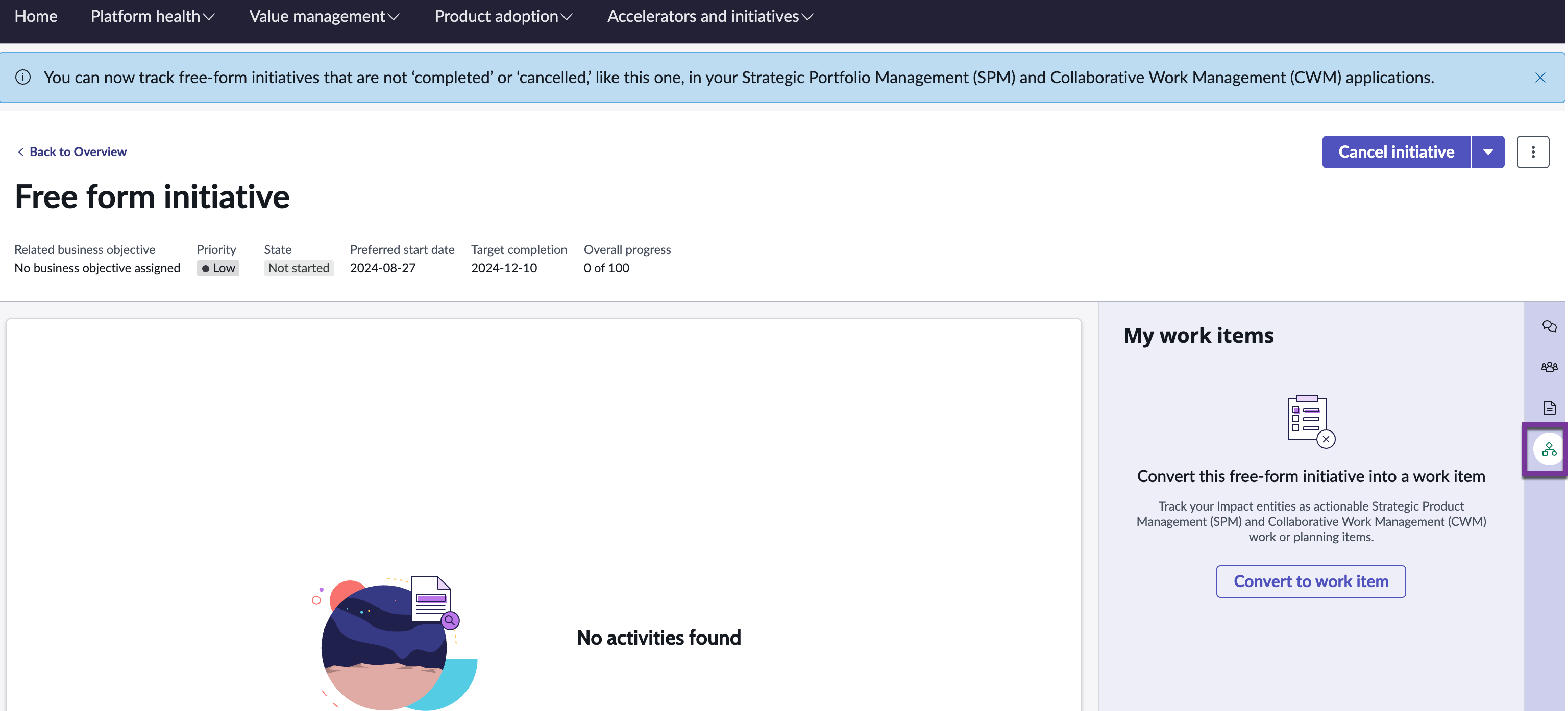 Convertissez une initiative de forme libre en élément de travail SPM.