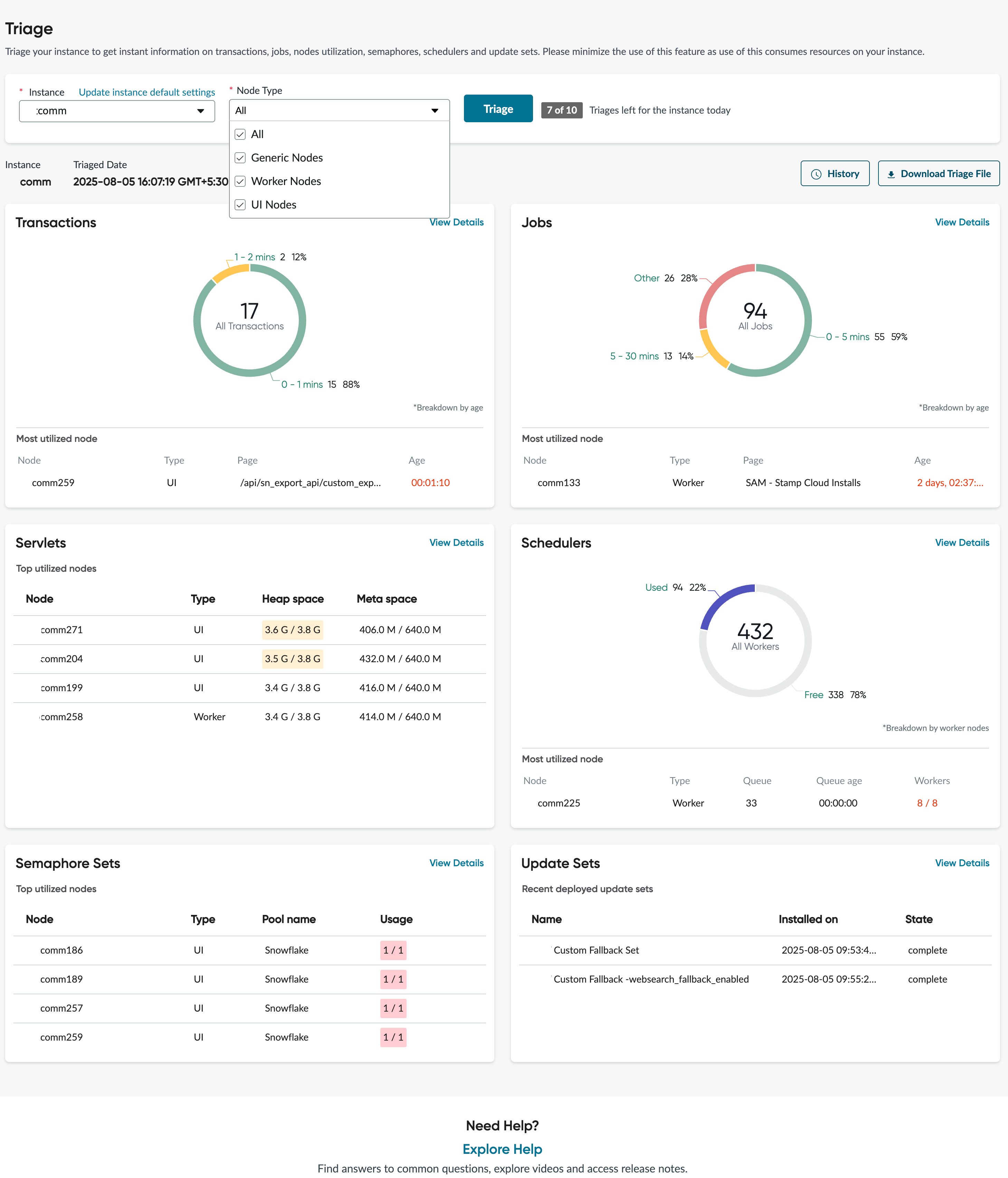 Instance Observer triage page.