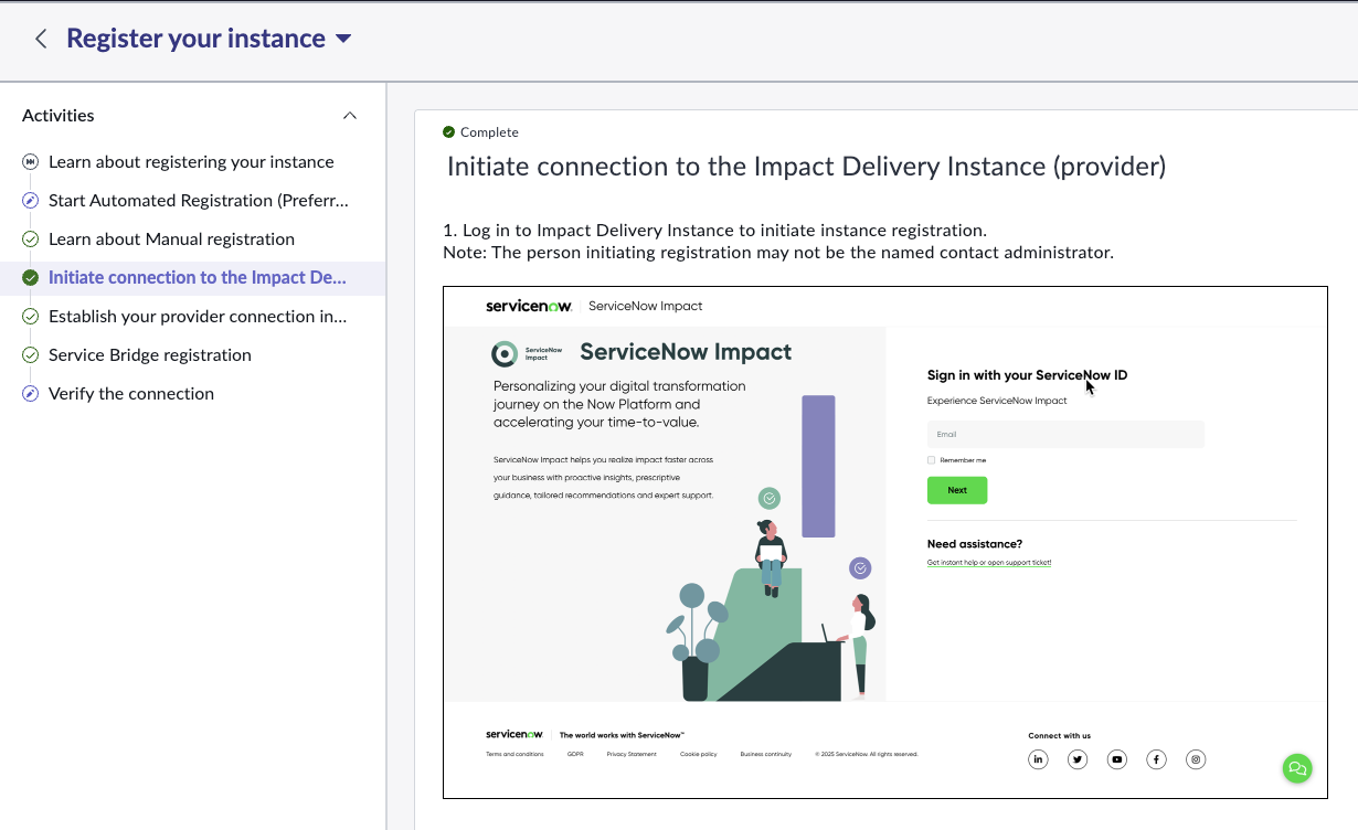 Initiate connection to the Impact Delivery Instance in Impact Guided Setup manual registration.