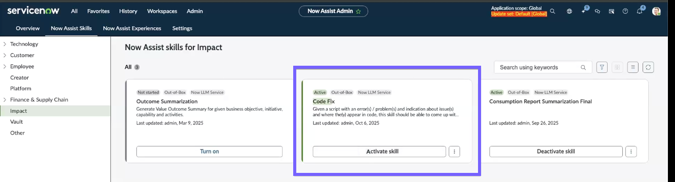 The Now Assist Admin Console with the Impact Code Fix activation tile displayed.