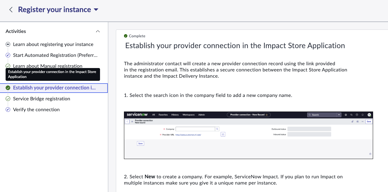 The manual registration step to establish a connection between IDI and the Impact Store App.