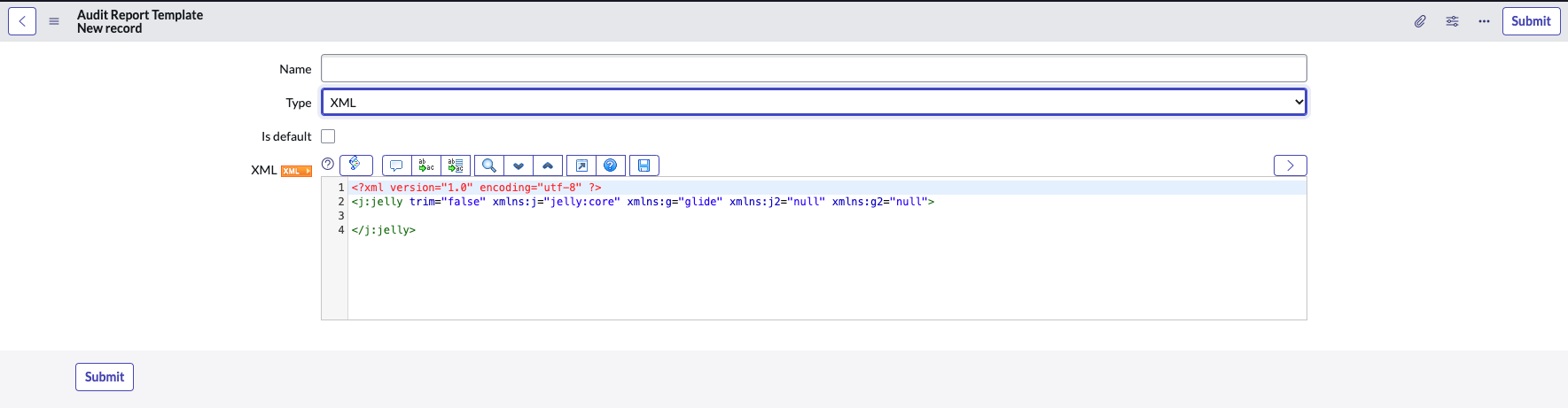 監査レポートテンプレートの XML コード。