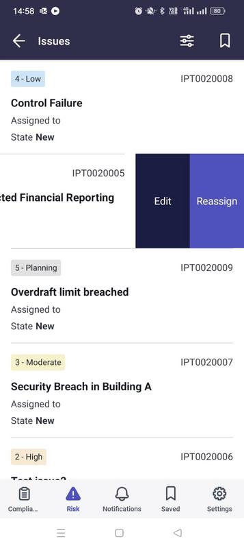 期限切れの問題リストでのスワイプアクション。