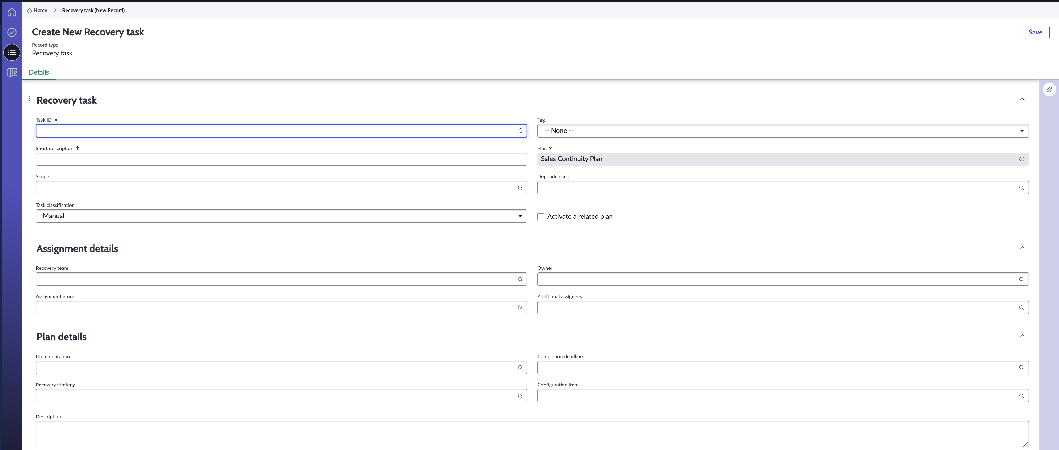 [新しい復旧タスクの作成(Create New Recovery task)] フォーム。