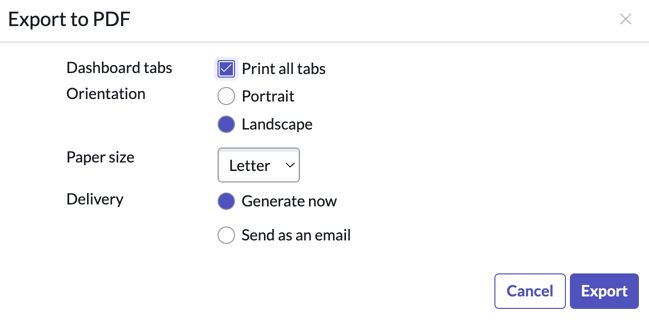 Popup-Fenster „Als PDF exportieren“ mit Druck- und Lieferoptionen: Alle Dashboard-Registerkarten, Ausrichtungen, Papierformate und Lieferoptionen drucken, jetzt generieren und als E-Mail senden