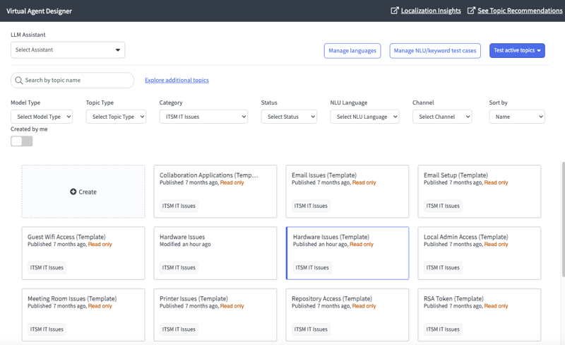 A página Tópicos do Designer do Virtual Agent exibe os tópicos disponíveis, blocos de tópicos e controles personalizados, bem como opções para criar e gerenciar tópicos.