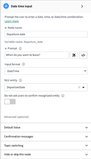 As propriedades básicas incluem o nome do nó, o prompt, o formato de entrada e a entidade NLU.