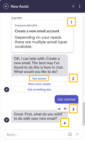 O usuário digitou "novo e-mail", então Virtual Agent retornou um cartão de catálogo com o título "Criar uma nova conta de e-mail". O usuário pode começar, ver mais resultados ou fazer outra pergunta.