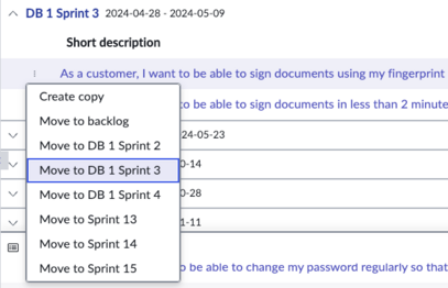 Déplacer l’élément du sprint actuel vers le backlog ou le sprint suivant.