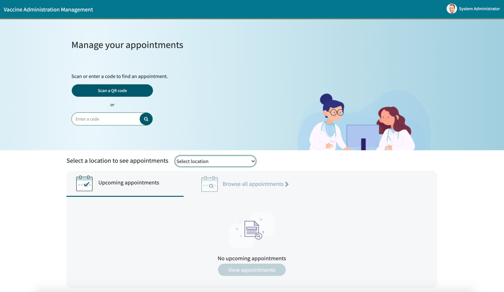 Vaccine Administration Management clinician portal landing page where users can manage appointments, scan QR codes to find appointments, and view a calendar of all appointments.