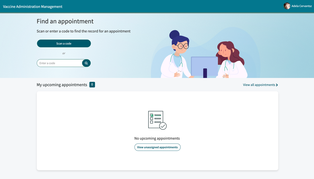 Vaccine Administration Management clinician portal landing page where users can manage appointments, scan QR codes to find appointments, and view a calendar of all appointments.