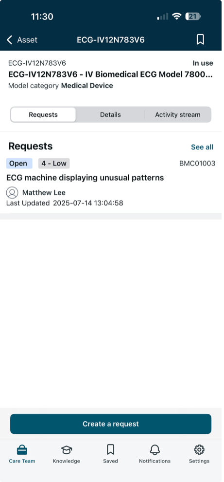 Scanning an asset in Care Team Mobile.