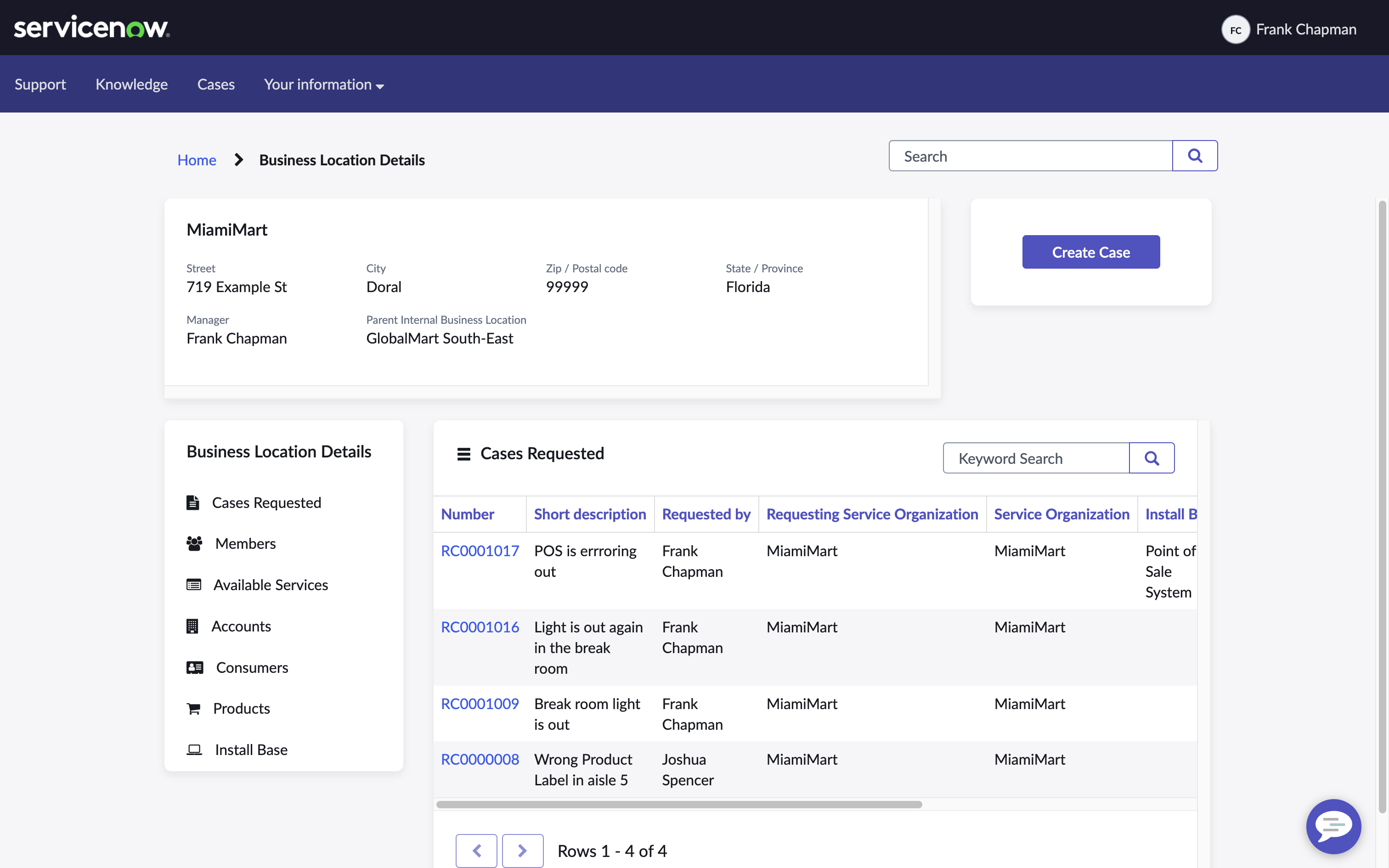 UI showing Business Location Service Portal for retail.