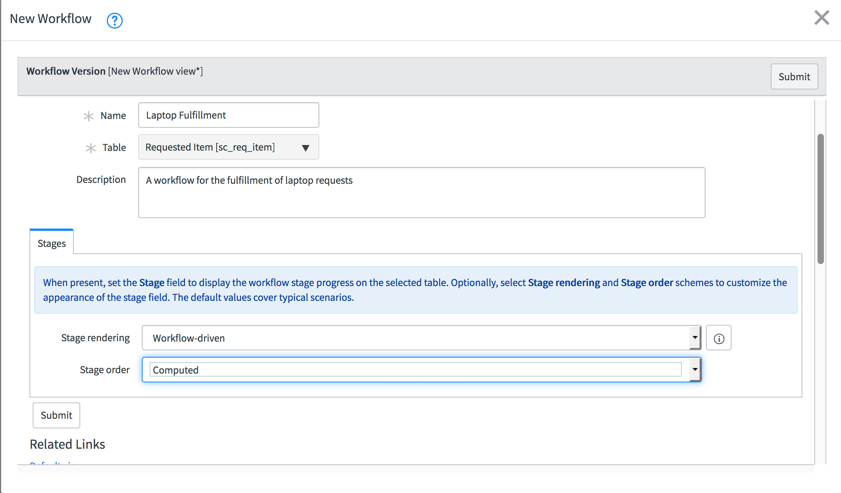 Formulaire Workflow de catalogue de services