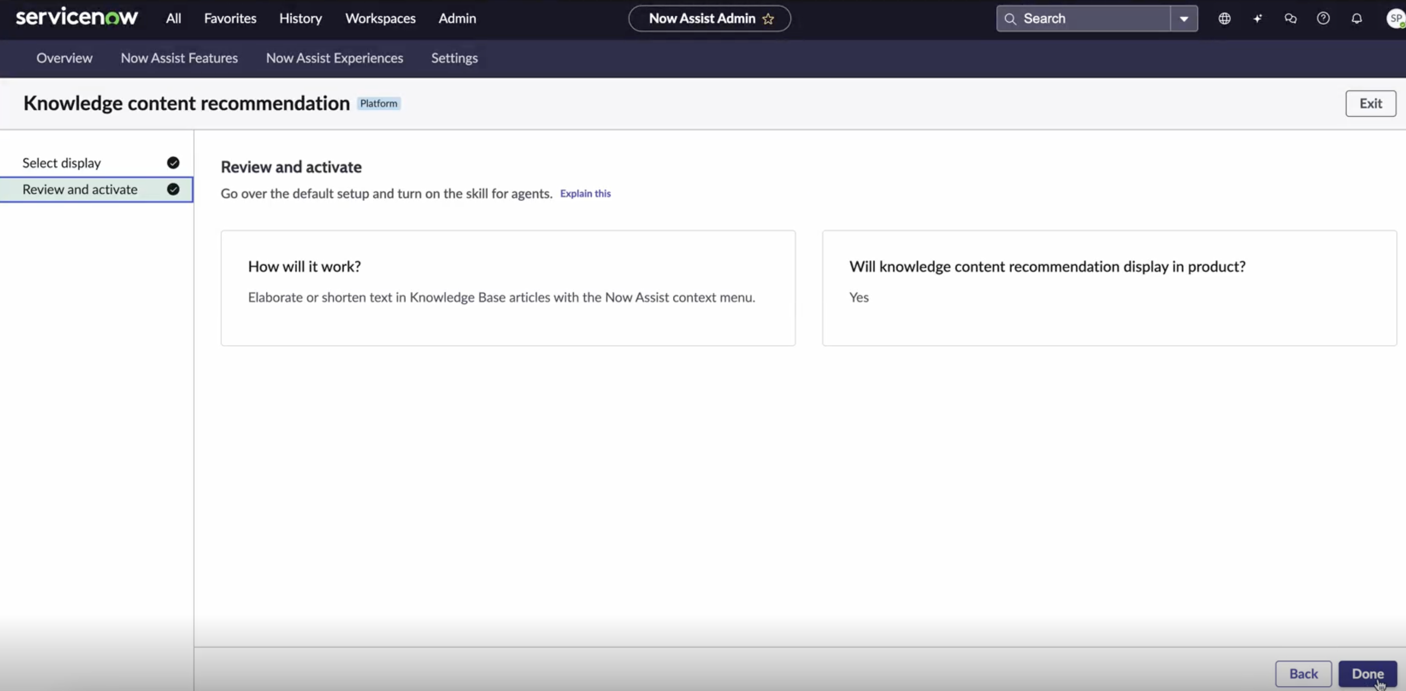 Sélectionnez l’affichage, examinez la sélection et activez la compétence de recommandation de Knowledge contenu.