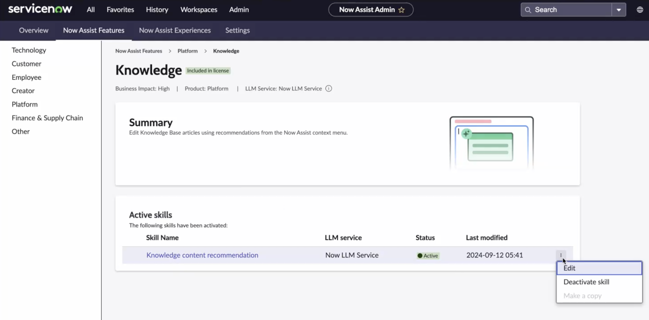 Modifier et activer la compétence de recommandation de Now AssistKnowledge contenu