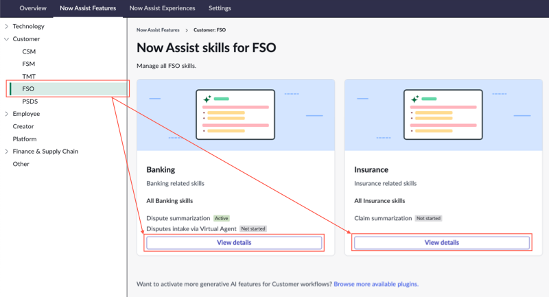 Now Assist para FSO As habilidades de resumo estão no grupo de fluxo de trabalho Cliente > FSO. Selecione Exibir detalhes para revisar e ativar habilidades.