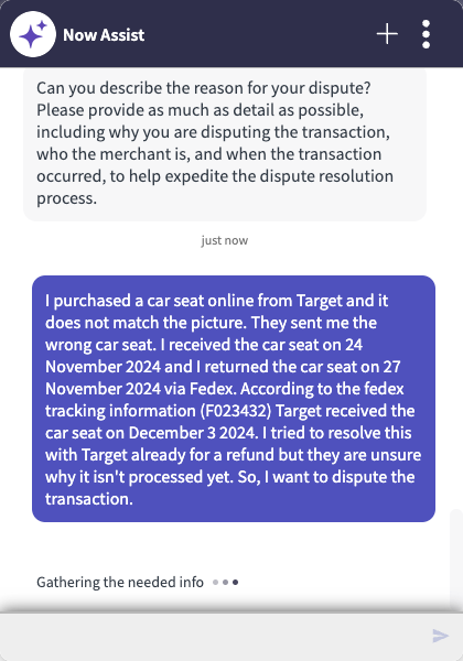 Aceitação de disputas via Virtual Agent solicitará informações ao cliente e o cliente insere as informações com respostas em texto ou selecionando opções.