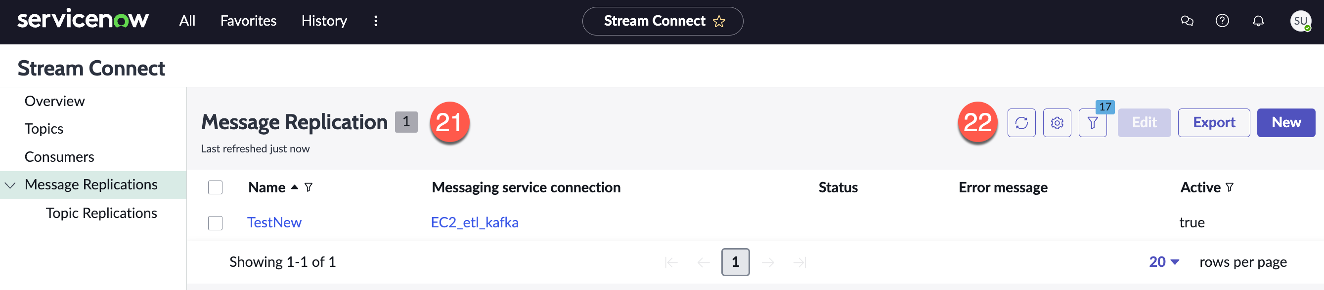 Anwenderoberfläche für die Seite „Nachrichtenreplikationen“ des Stream Connect-Dashboards.