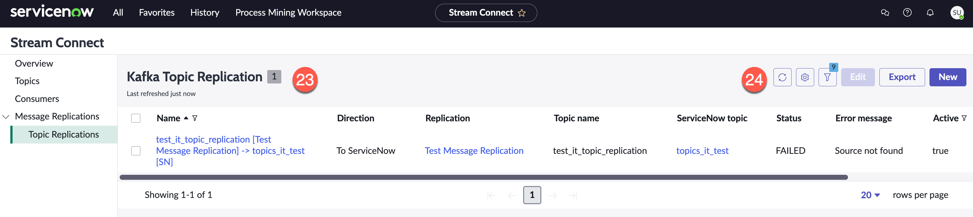 Anwenderoberfläche für die Seite „Themenreplikationen“ des Stream Connect-Dashboards.