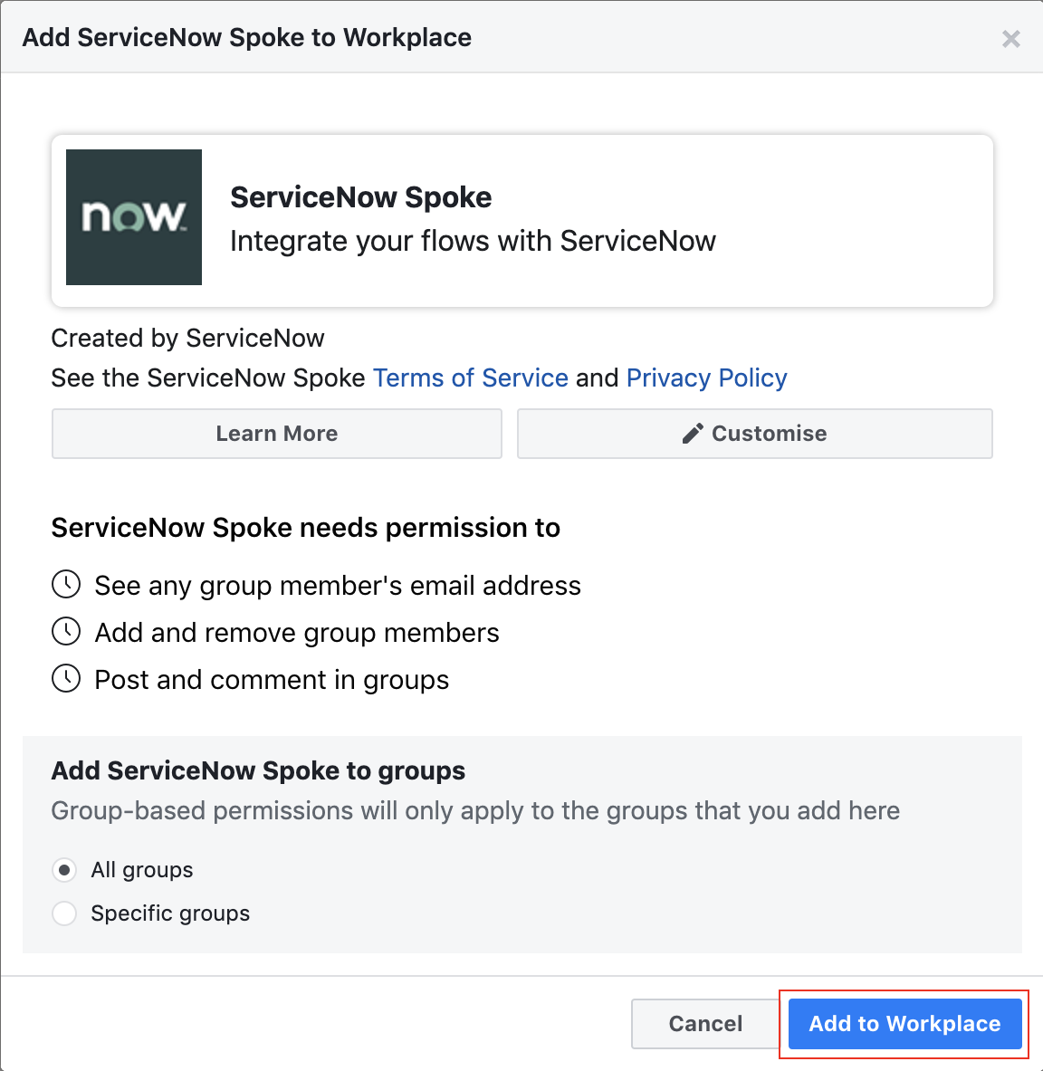 Zu ServiceNow-Spoke to Workplace hinzufügen