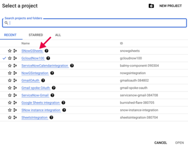 Projektauswahl in der Google Sheets API.