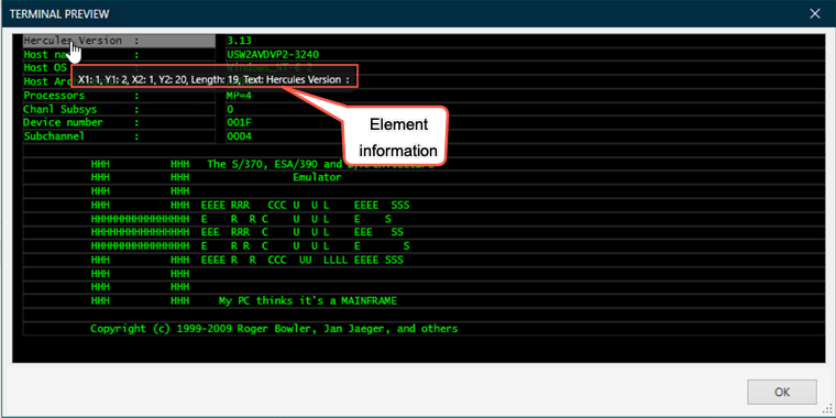 Informationen zum Bildschirmfeld des BlueZone-Emulators.