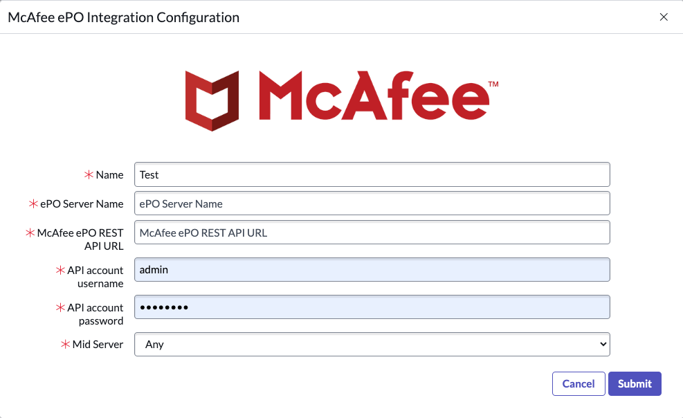 Einstellungen für McAfee ePO-Integrationskonfiguration