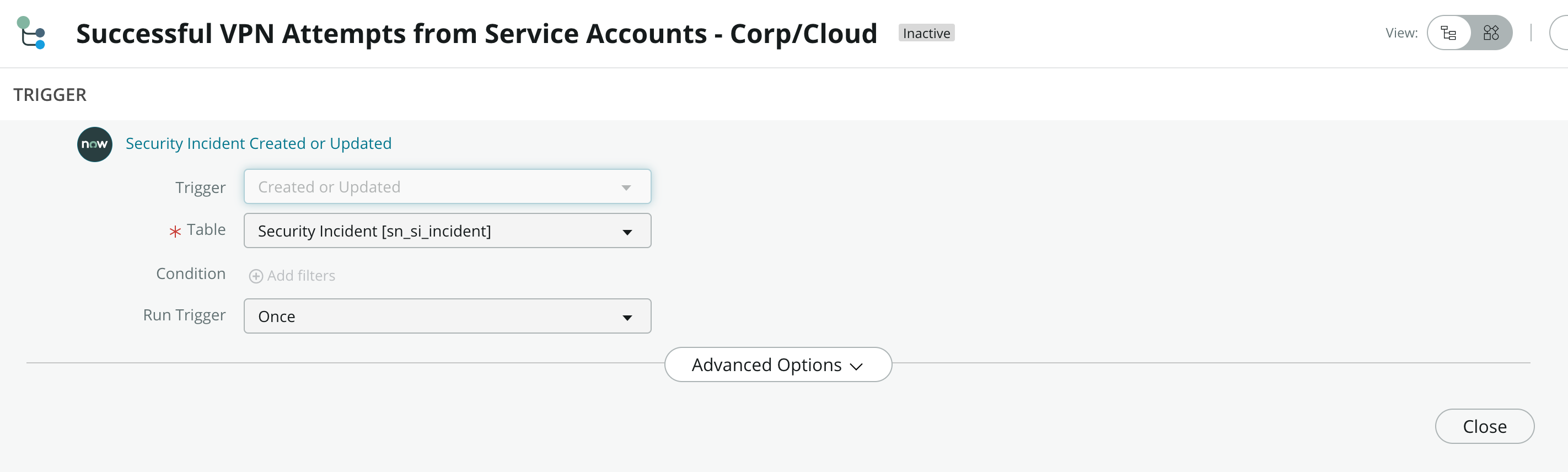 Auslöserbedingung für erfolgreiche VPN-Versuche aus dem Playbook „Service-Accounts – Corp/Cloud“.