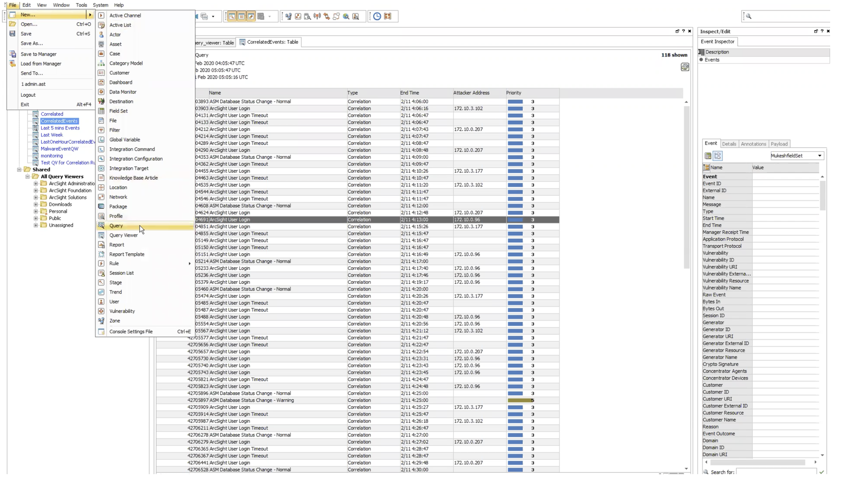 ArcSight ESM: Abfrage-Viewer-Setup: Erstellen