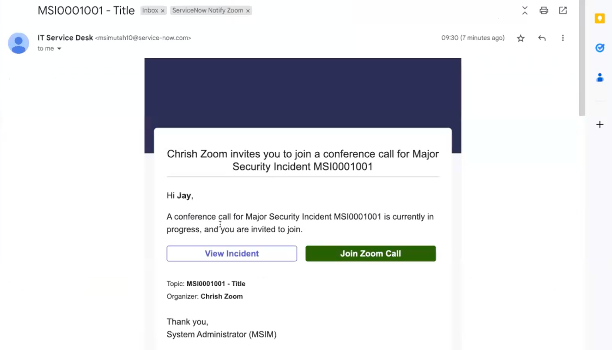MSIM-E-Mail-Benachrichtigung für die Zoom-Telefonkonferenz