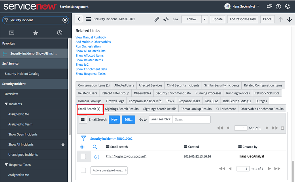 Zugehörige Liste „E-Mail-Suche“ im Security Incident-Datensatz.