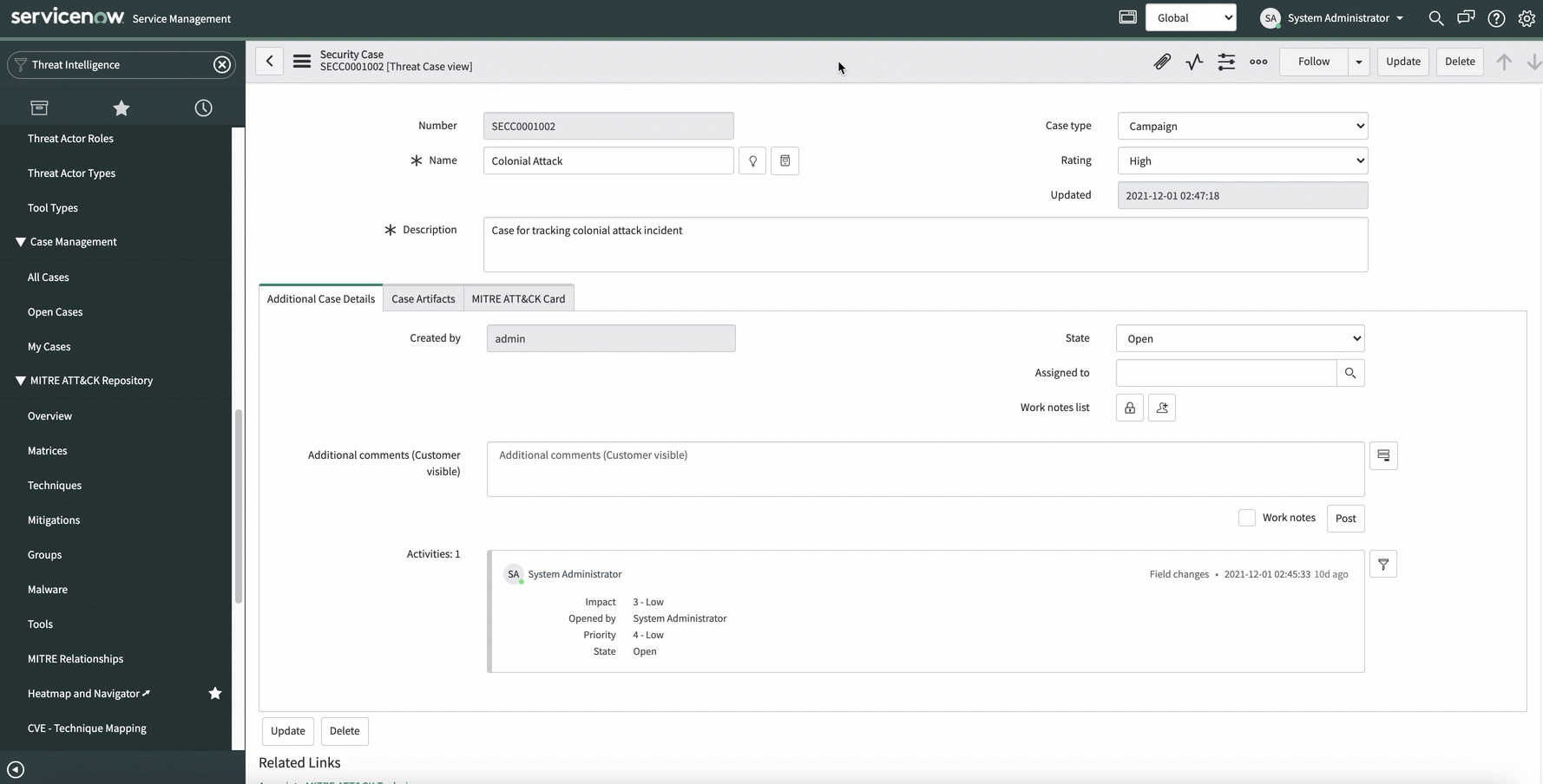 Diese Abbildung zeigt, wie MITRE-Informationen einem Sicherheitsfall zugeordnet werden.