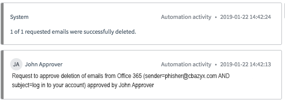 Protokollierung von Arbeitsnotizen der Audit-Pfad aus der E-Mail-Suche wird initiiert, indem E-Mails erfolgreich gelöscht wurden.