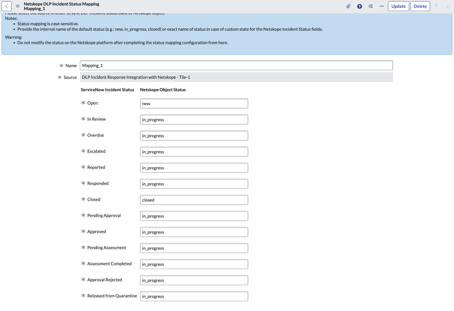 Statuszuordnung des Netskope-DLP-Incidents.