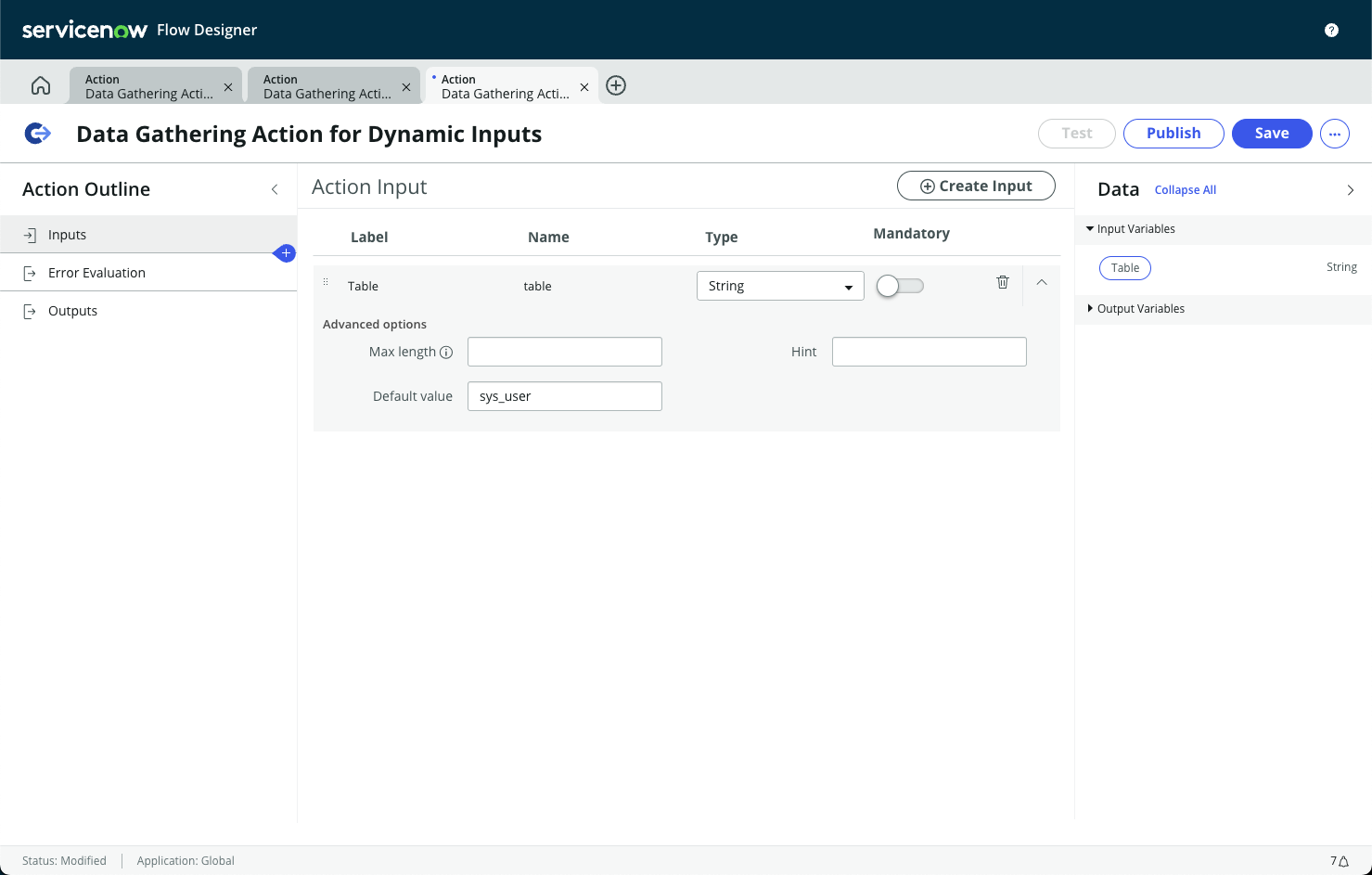 Example action input configuration from step 3