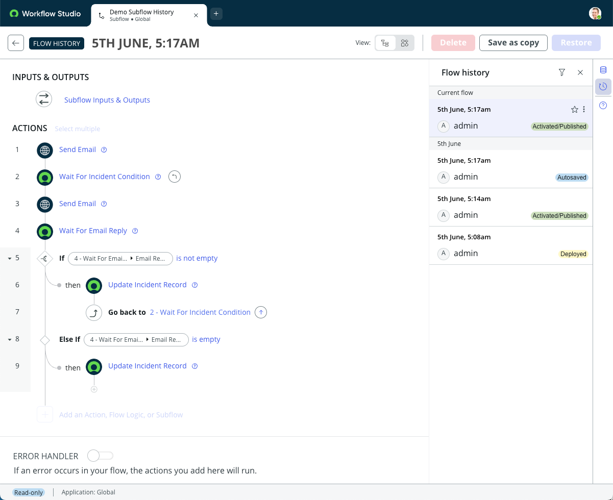 Flow configuration for 5th June, 5:17AM with an option to Save as copy