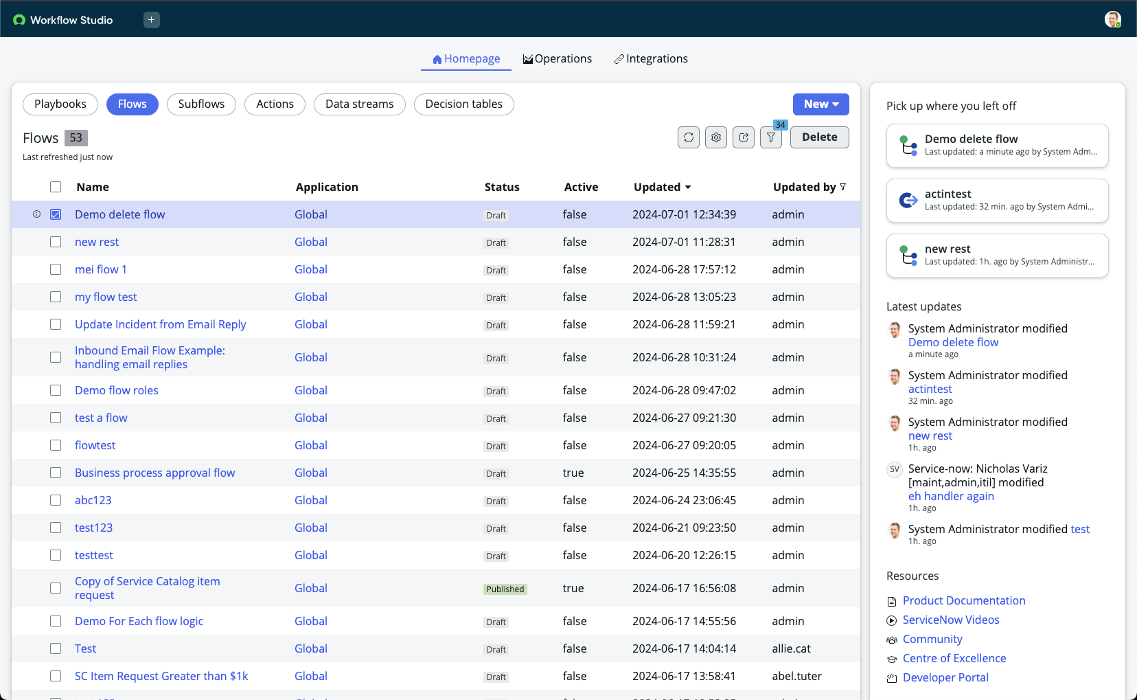 List of flows with the Demo delete flow row selected.
