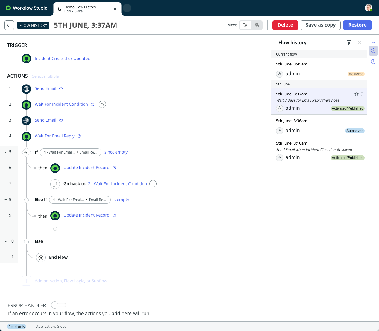 Flow history entry for 5th June. 3:37 AM with option to Restore