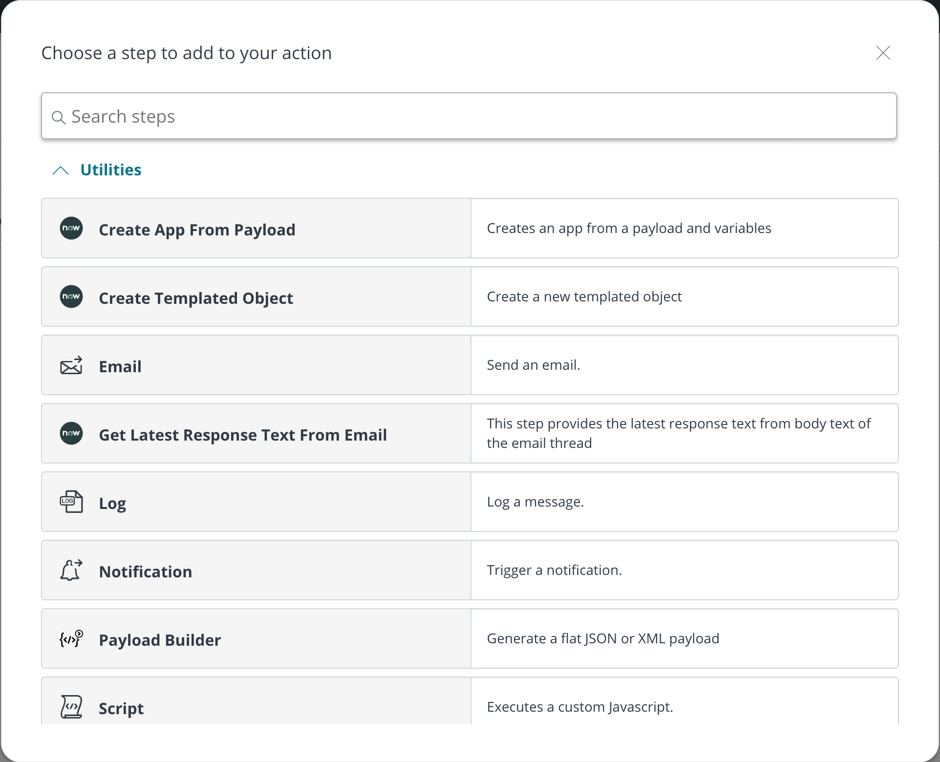 Menu of utility steps by name and description