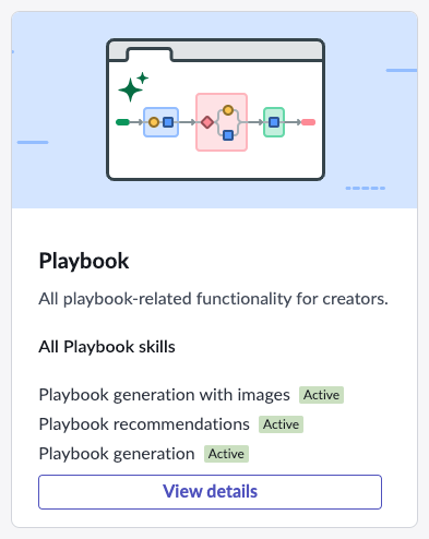 The Now Assist for Creator Playbook card in the Now Assist admin panel showing the activated Playbook Generation, Playbook Recommendations, and Playbook generation with images skills