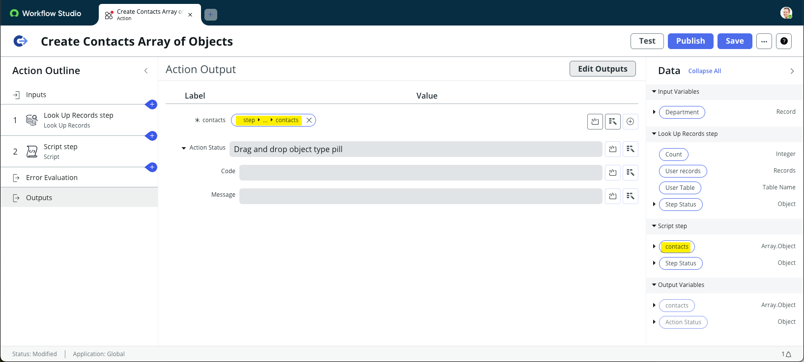Configure the action output variable to use the contacts data pill from the Script step.