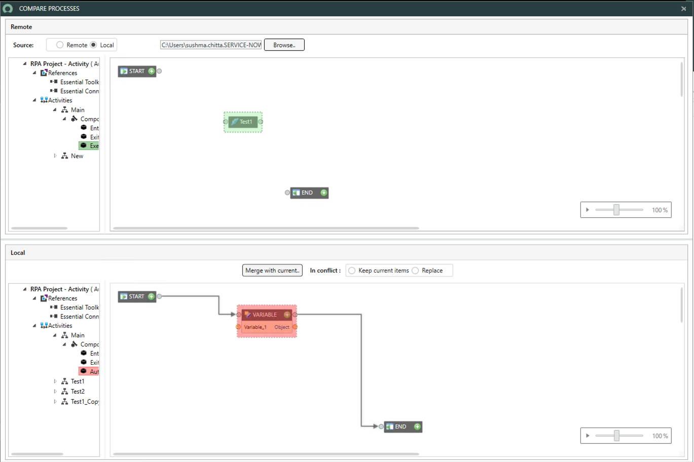 Changes highlighted in the Compare Processes dialog box.