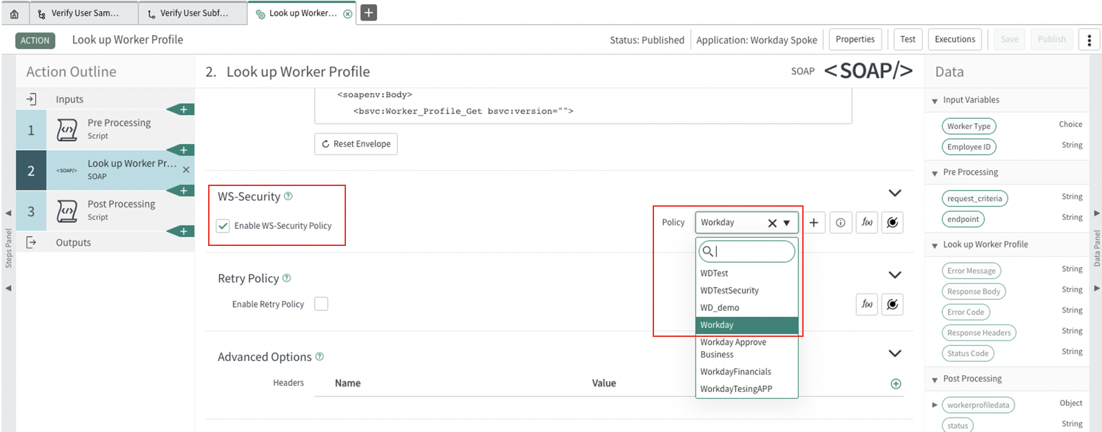 Select the required SOAP security policy if you are not using the default policy.